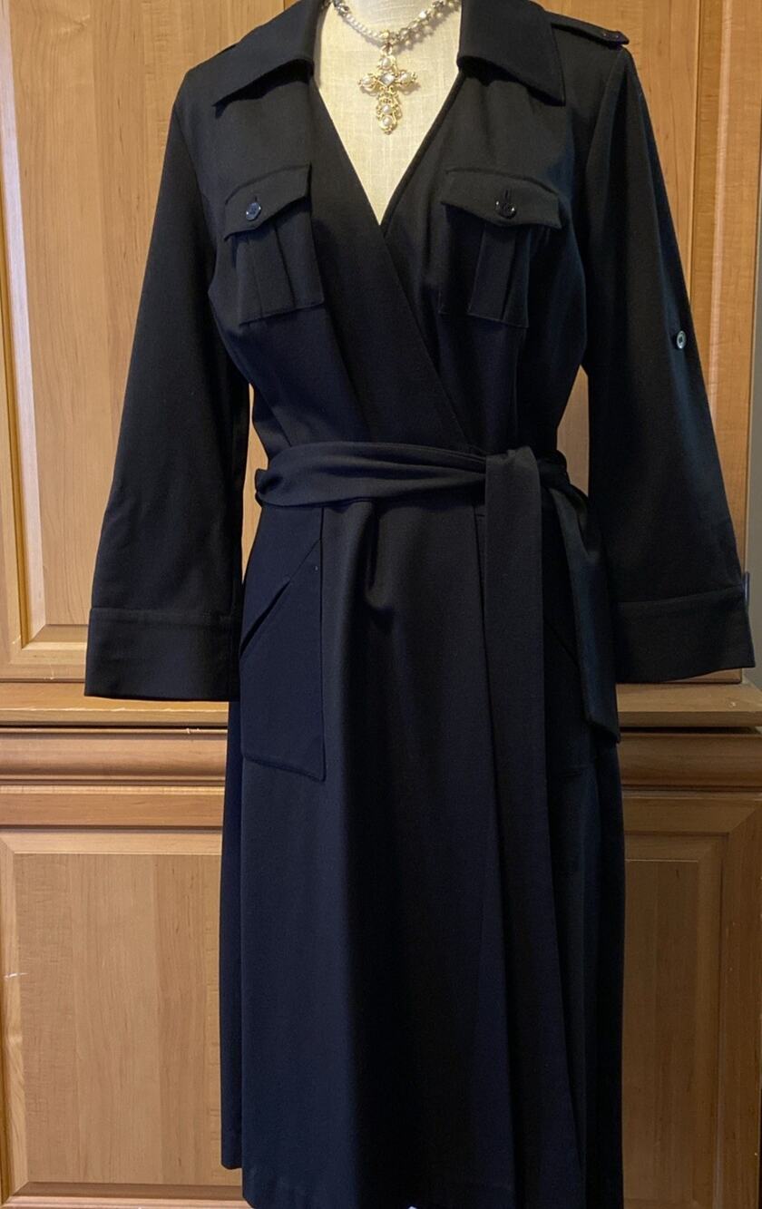 ETCETERA BLACK KNIT MILITARY INSPIRED WRAP DRESS FOR FALL / Size 12 / PRISTINE !